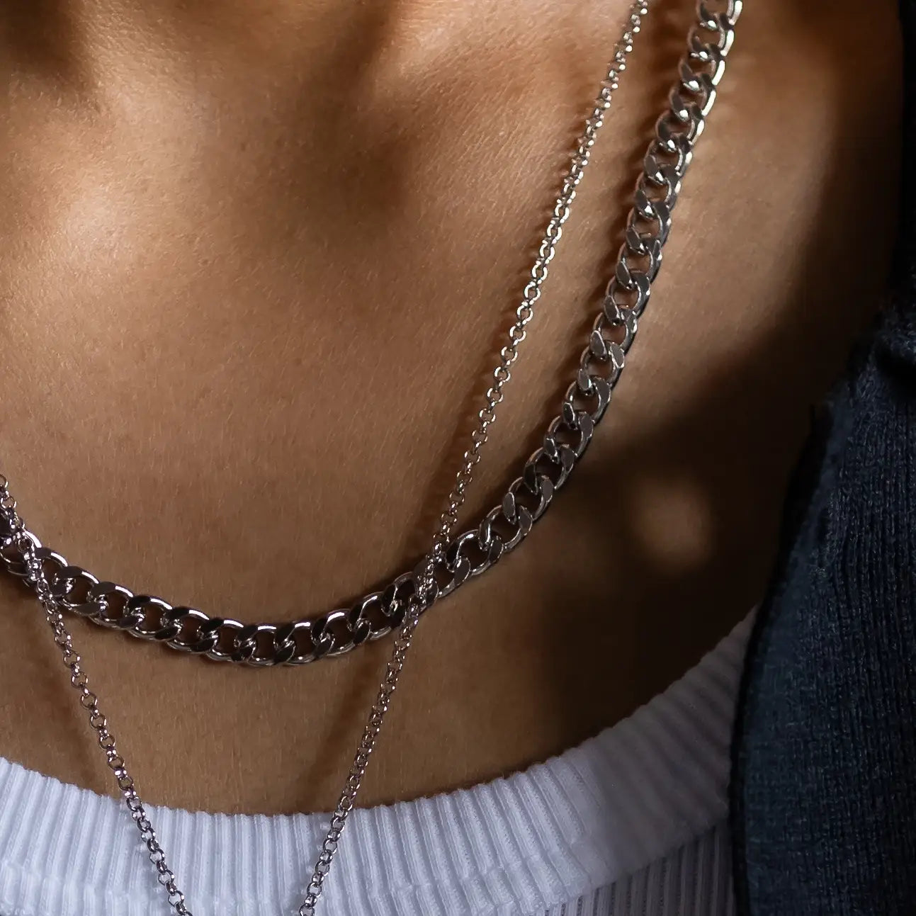 20" 5mm 925 silver cuban link chain stacked with 925 silver rolo chain