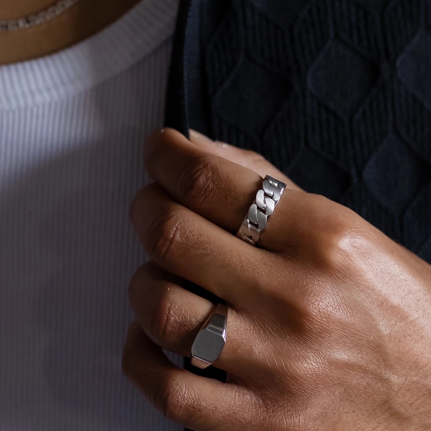 925 silver cuban link ring stacked with sterling silver square on the same hand