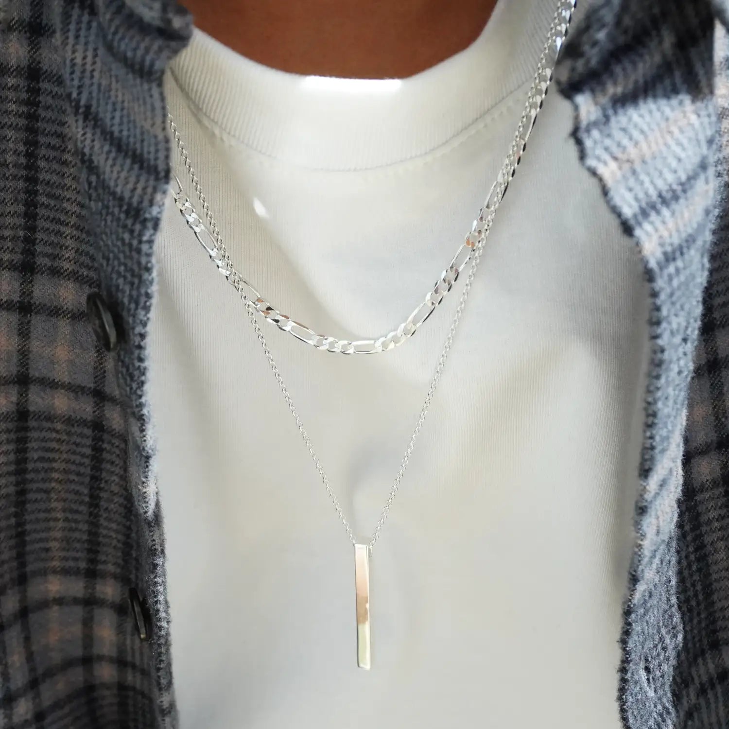 925 silver figaro chain necklace stacked with 925 silver bar men's pendant necklace