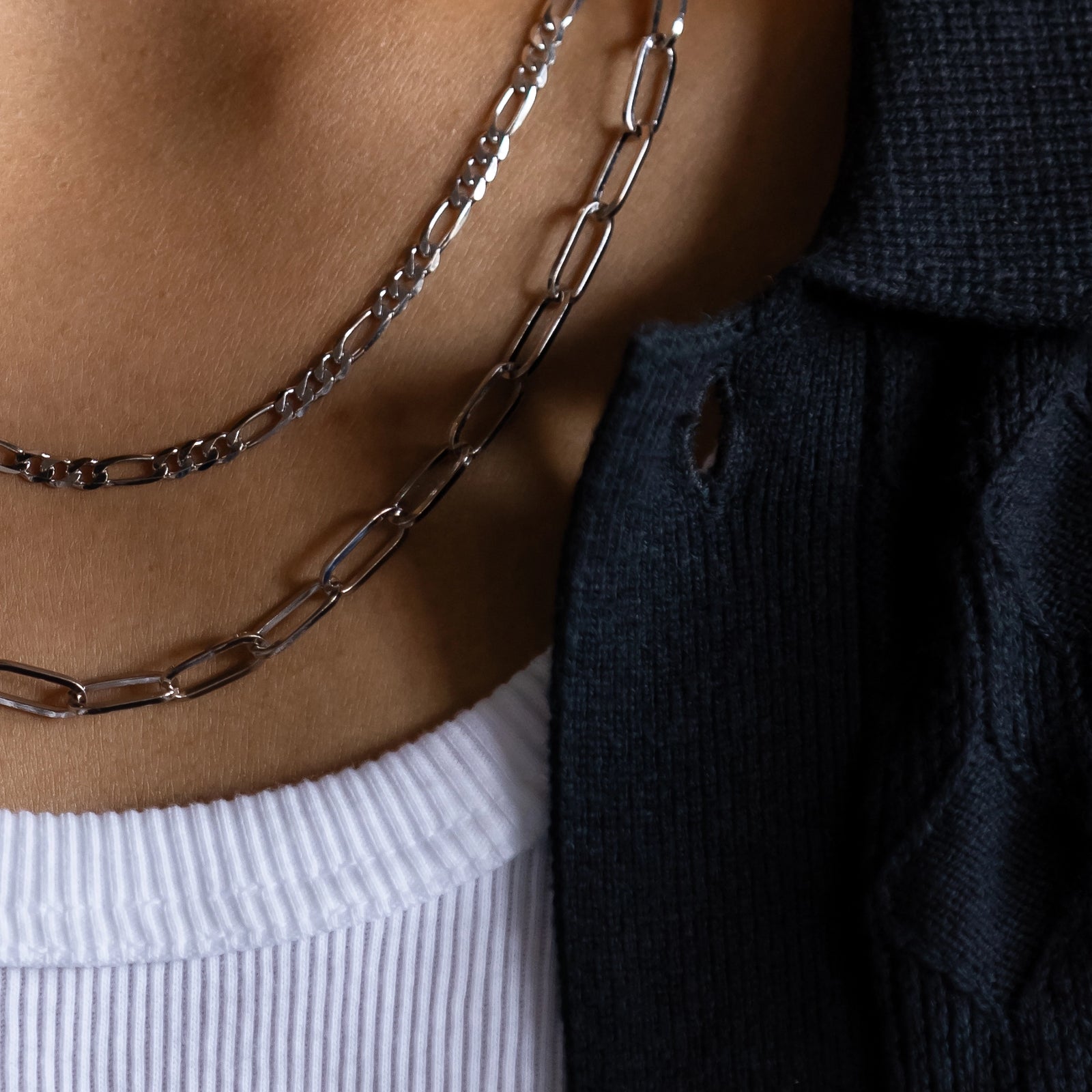 925 silver paperclip necklace with rhodium plating stacked with 925 silver rhodium plated figaro necklace