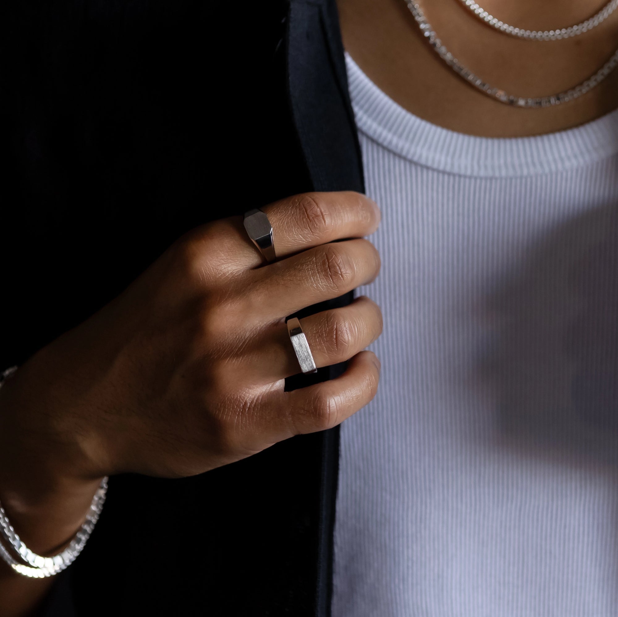 rhodium plated 925 silver rectangular signet jewellery on right hand