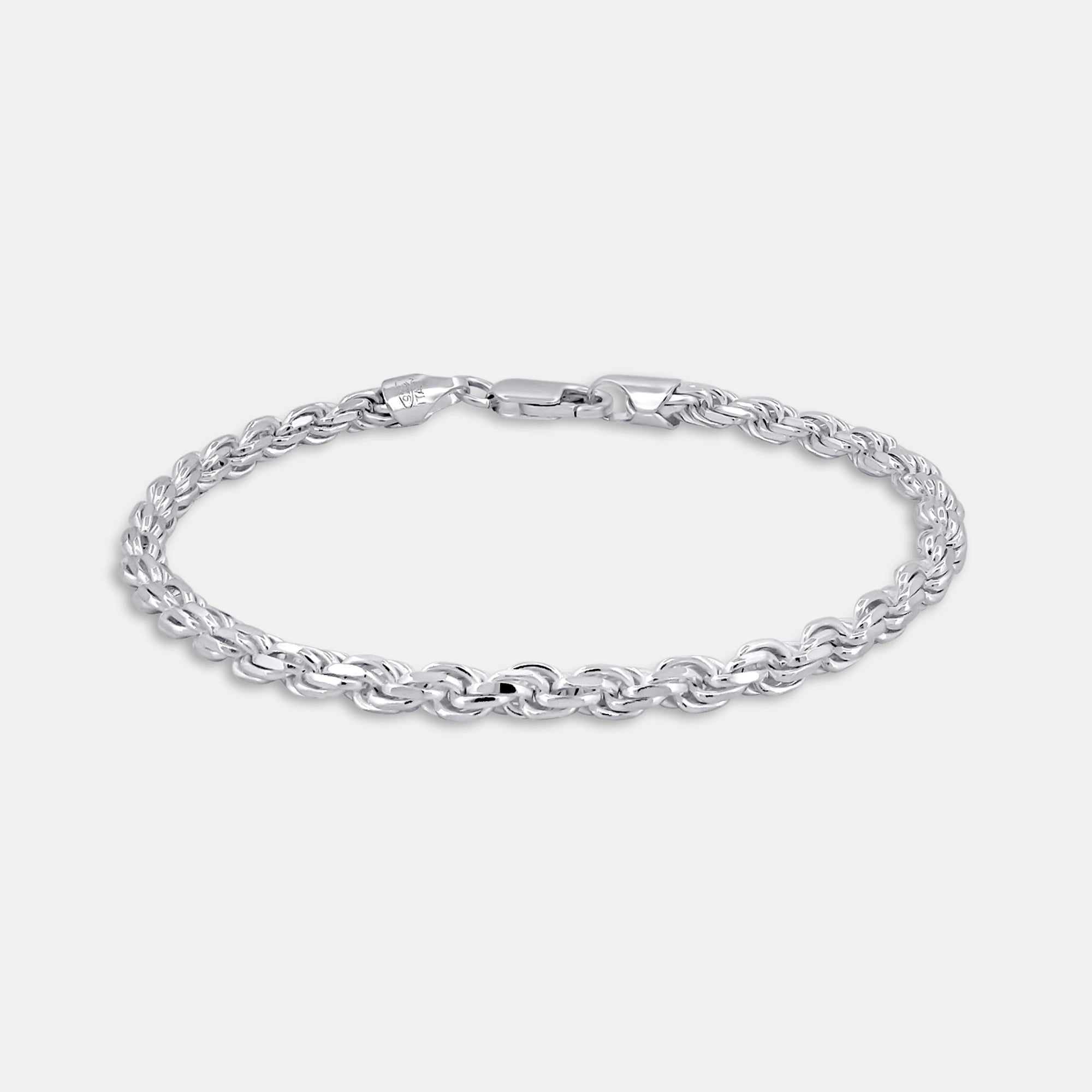 front view of 925 silver diamond cut rope chain bracelet