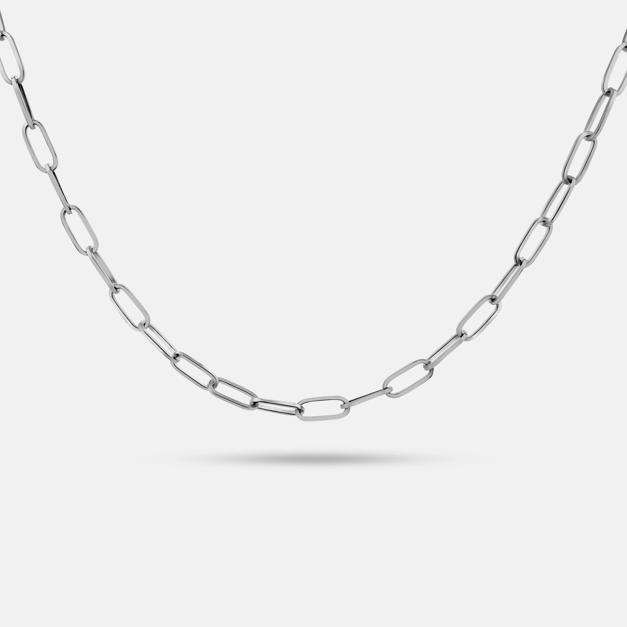 front view of rhodium plated 925 silver paperclip necklace