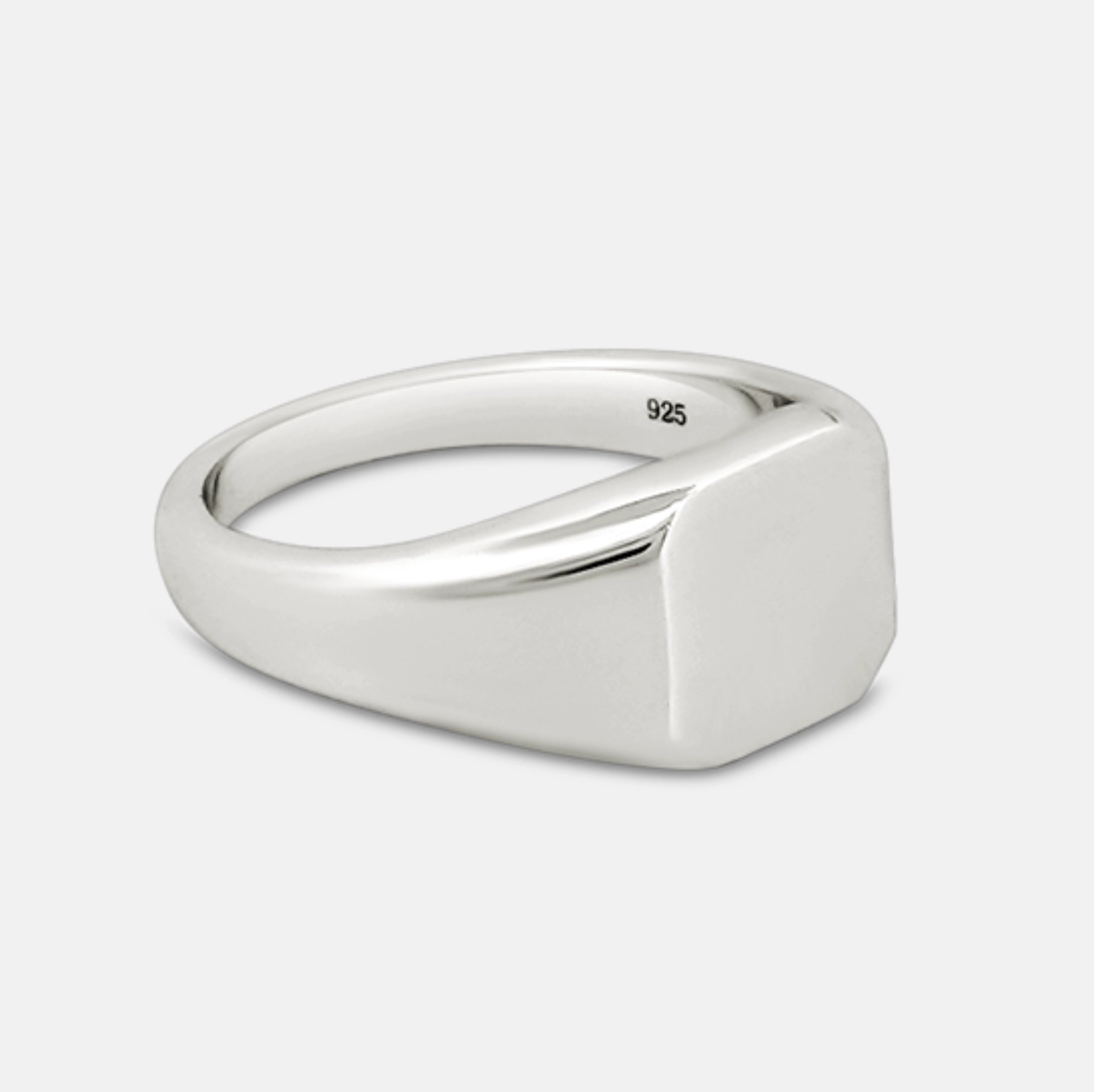 side view of 925 silver square signet ring with rhodium plating