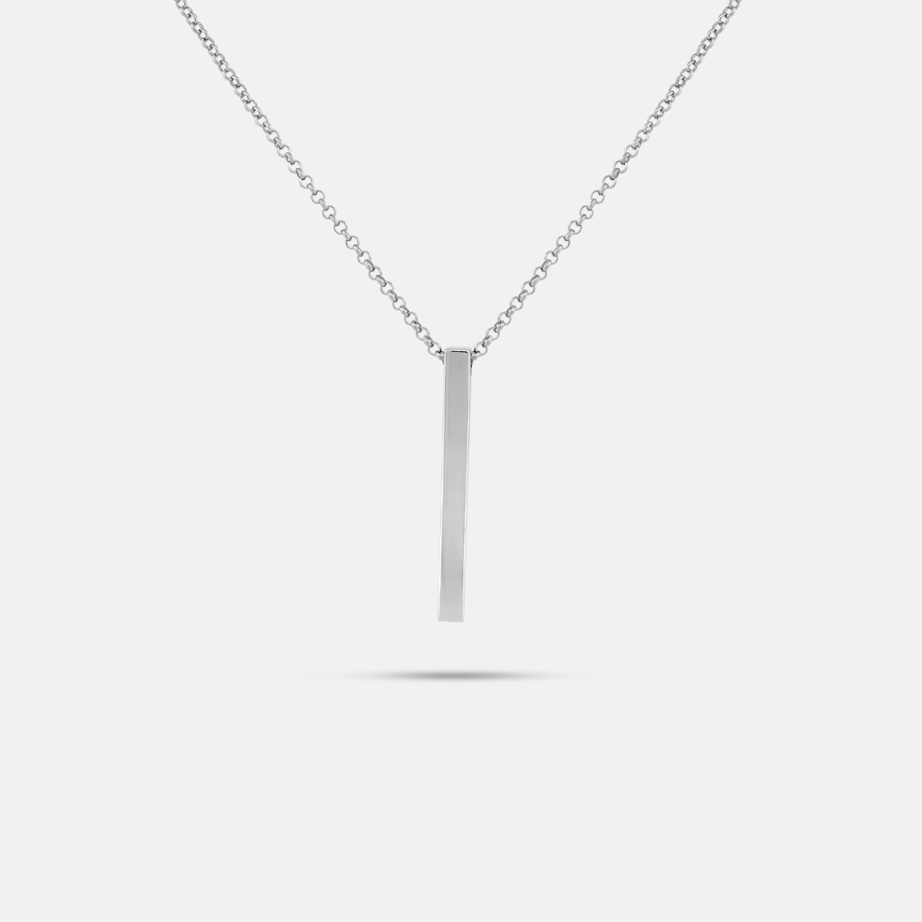 Front of 925 Silver Slim Rectangular Bar Pendant Necklace and Sterling Silver Rolo Chain