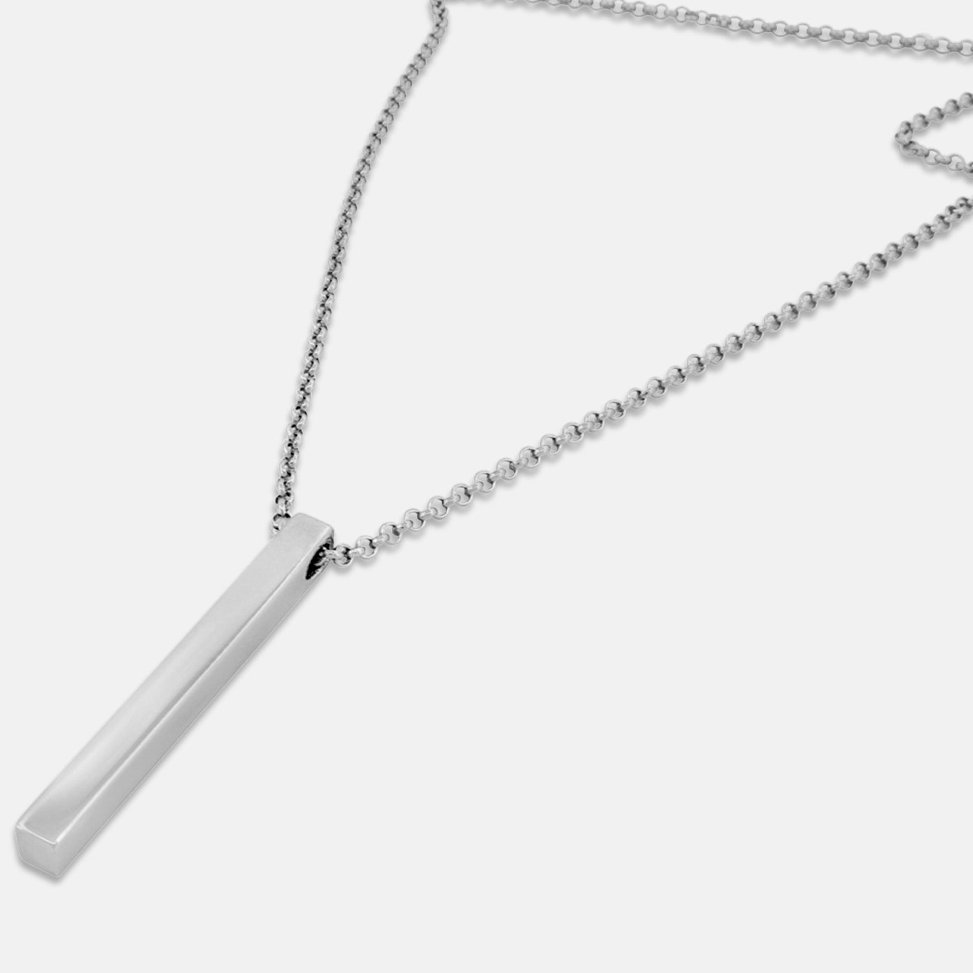 Top Angle of 925 Silver Slim Rectangular Bar Pendant Necklace and Sterling Silver Rolo Chain